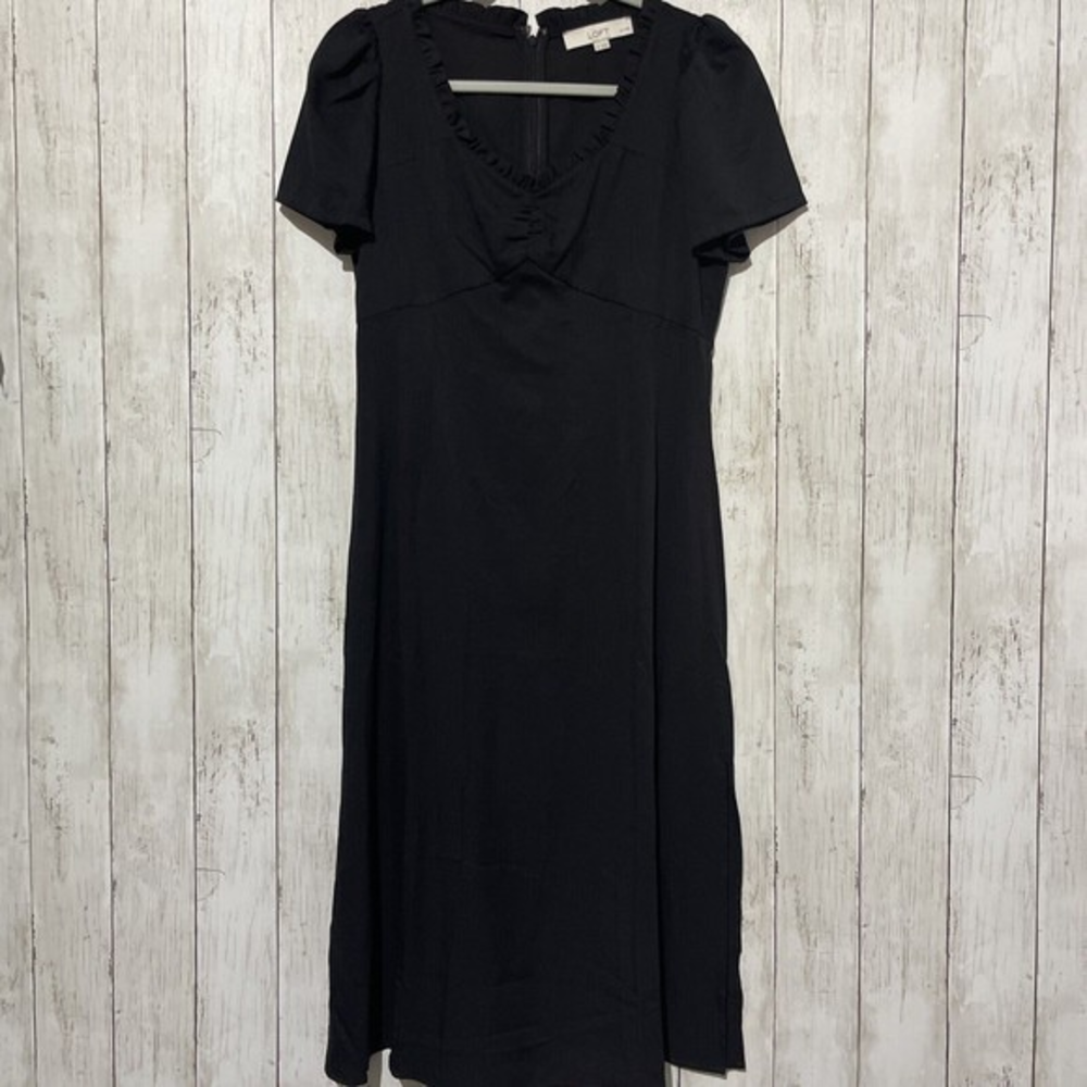 LOFT 6P Midi Dress Women Black Ruffle Sweetheart Puff Sleeve Lyocell 100% Slit